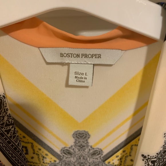 Boston Proper Orange, Blue, Tan, and Black Maxi Dress with scarf waist tie. - Picture 4 of 8